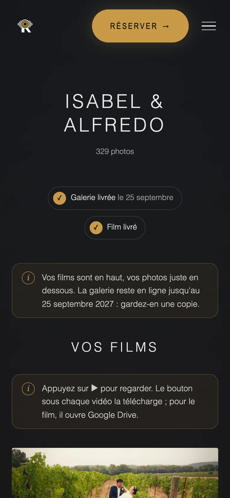 L'accueil de la galerie privée d'Isabel & Alfredo sur mobile : 329 photos, galerie et film livrés
